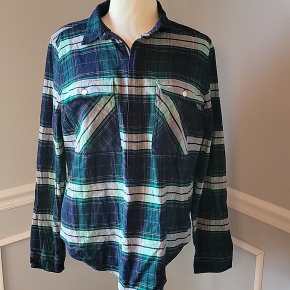 J.CREW Blue Green Plaid Flannel Half Zip Pull Over Preppy Autumn Casual Shirt M